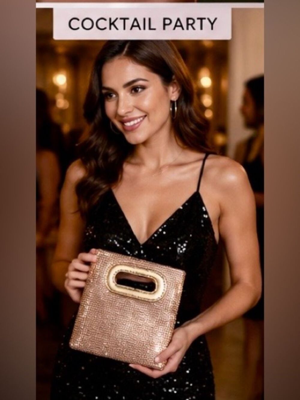 La Regale Rose Gold Rhinestone Evening Bag Cutout Handle Clutch Purse 7” x 8” - Picture 3 of 7